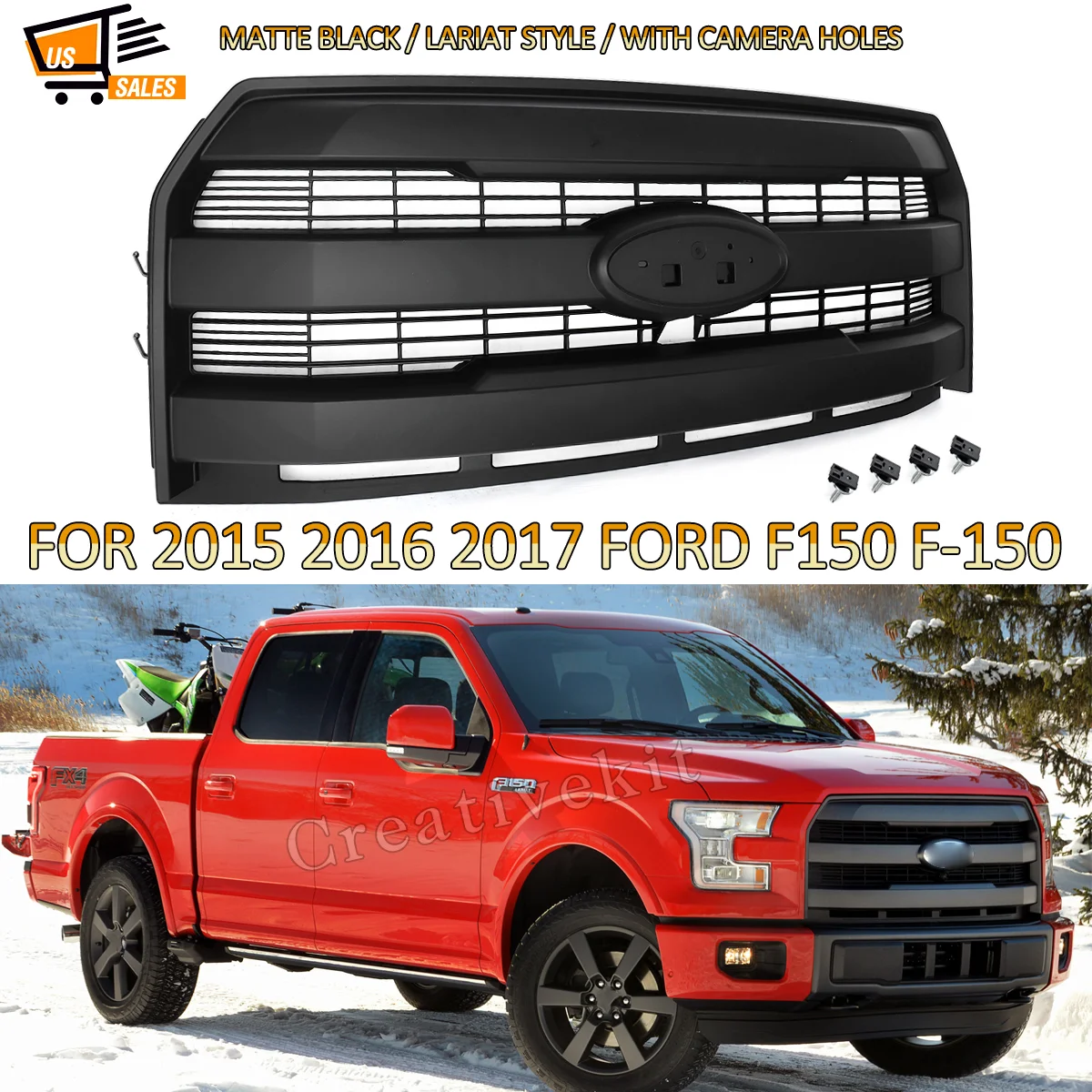 Magickit Grille Assembly Replace For 2015 2016 2017 Ford F150 Bumper Grille w/ Camera Hole Matte Black Lariat Style Bumper Grill