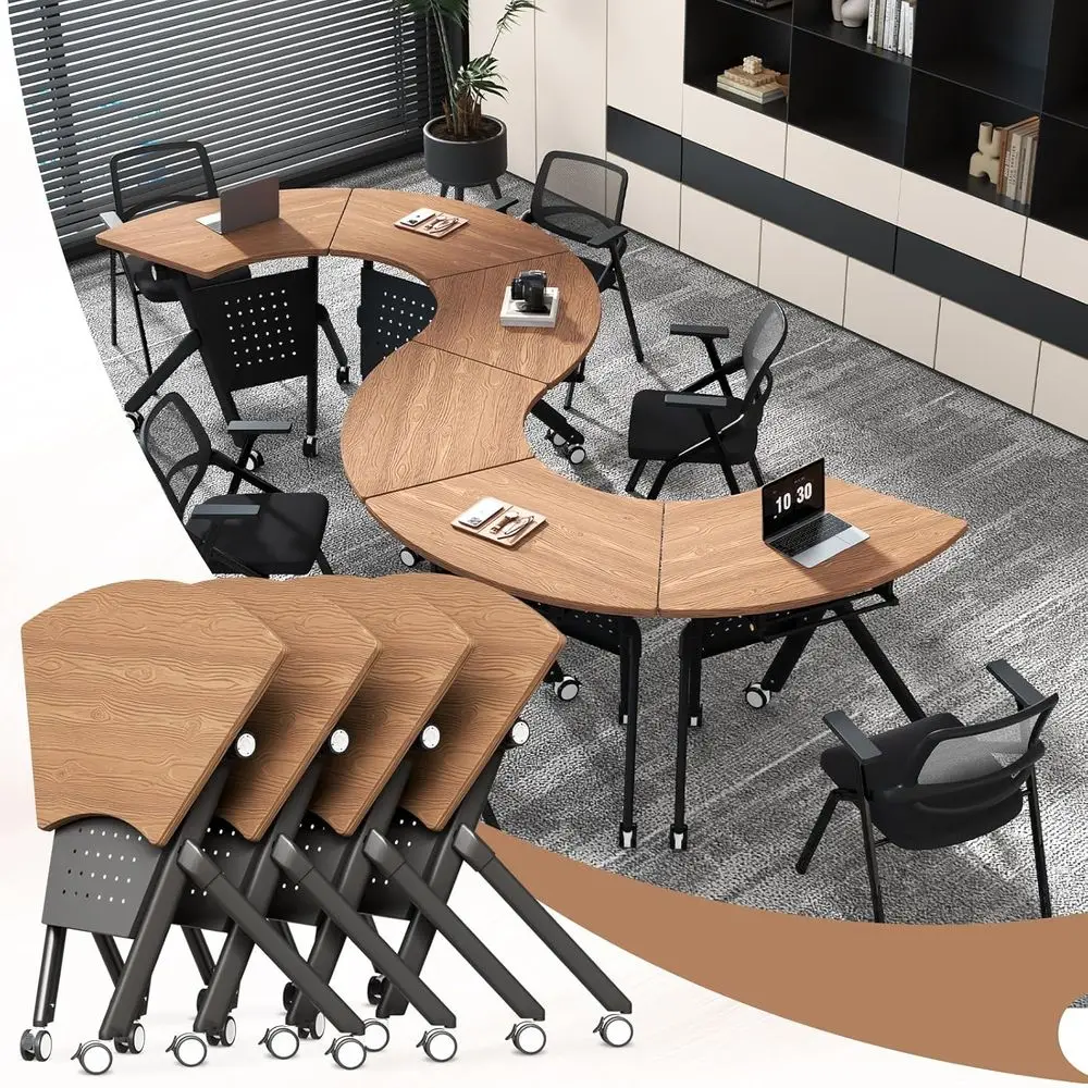 

An-Walnut Finish, Mobile An-Shaped Conference Tables with Wheels for Seminars and Classrooms