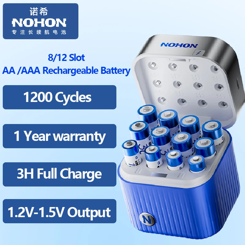 

NOHON 8/12 Slot AA Rechargeable Lithium Battery AAA Original Batteries Charger Intelligent Fast Charging for Toy Remote Control