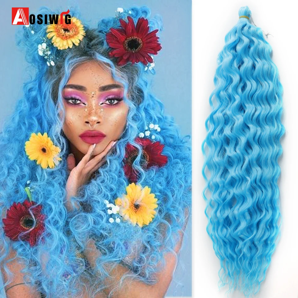 Ekstensi rambut kepang renda bergelombang air panjang 22 inci Afro 30 Warna ekstensi rambut kepang Brasil rambut sintetis biru merah muda untuk wanita