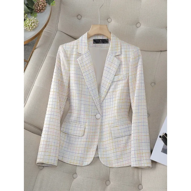 Plaid Women Suit Blazer Office Ladies manica lunga viola blu verde giallo giacca femminile cappotto con un bottone per l'autunno primavera