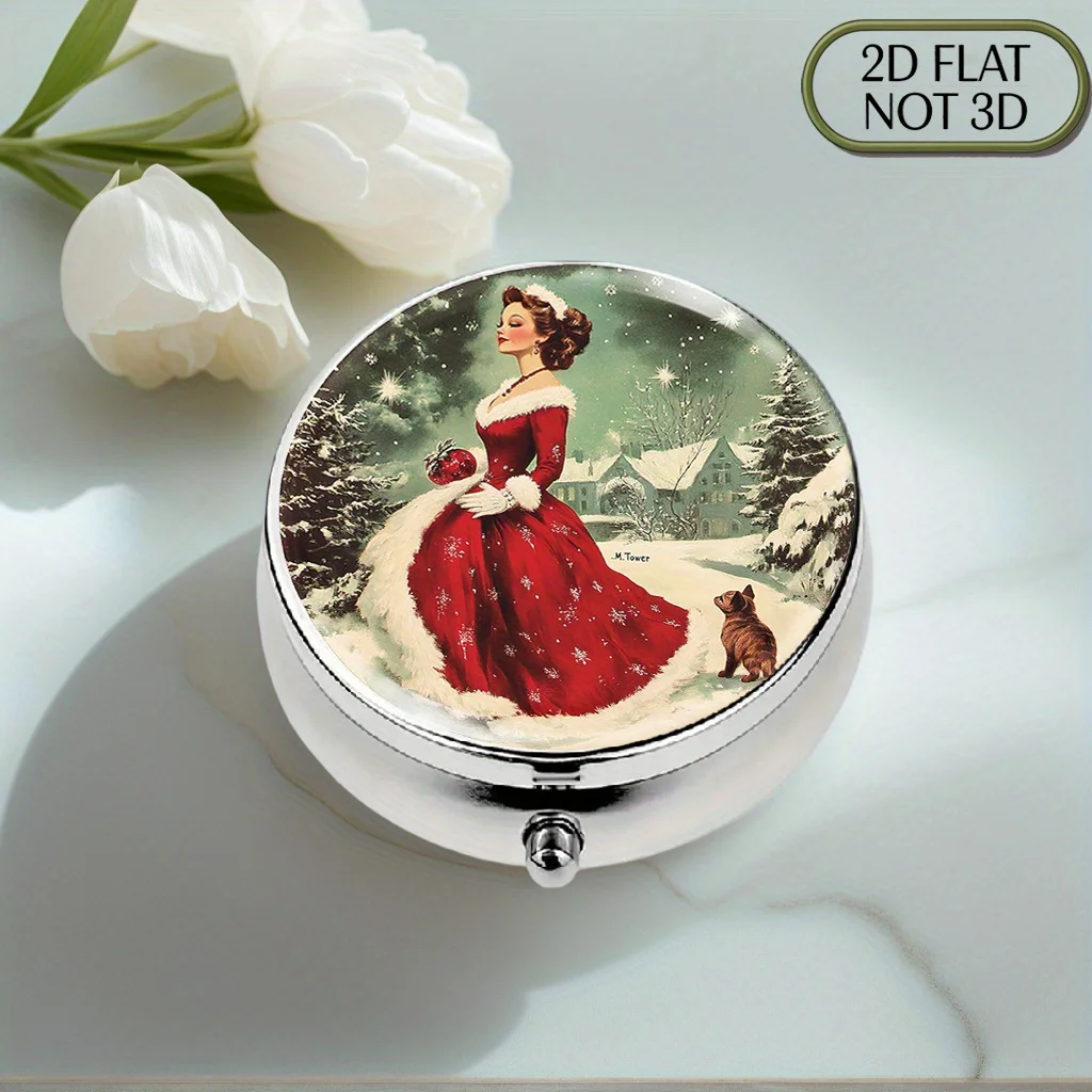 Single-piece flat portable round metal pill box, decorated with a vintage oil painting-style design featuring a Christmas red dress girl and cat and dog motifs, suitable for storing medication, vitamin supplements, and organizing small items, making it a perfect gift for the holidays, with a flat design