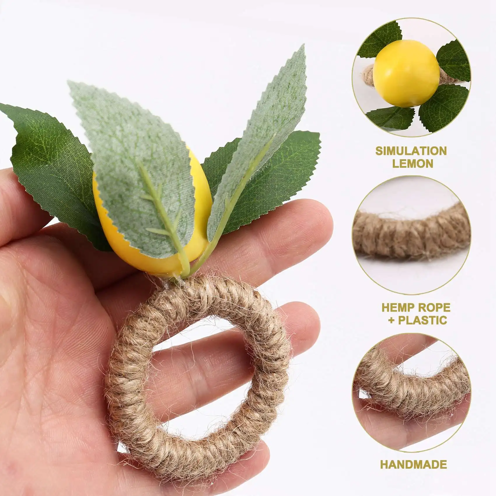 AB11-10PCS Handmade Napkin Rings Yellow Faux Lemon With Vine Napkin Ring For Wedding, Dinner Party, Banquet, Serviette