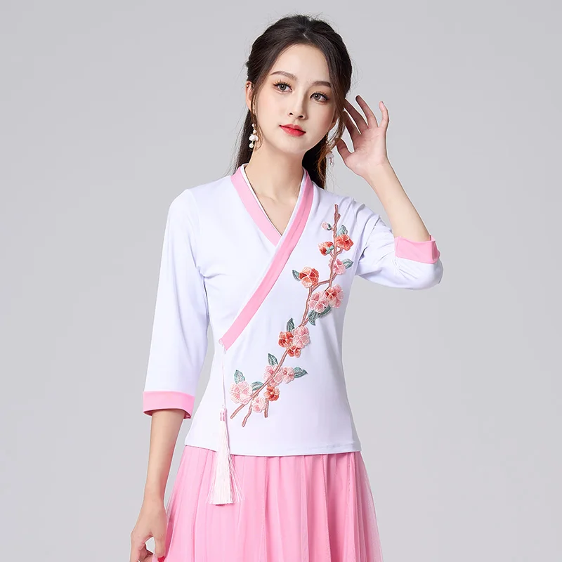 Set di costumi da ballo quadrati ricamati Ele, completo da performance di danza classica a metà manica da donna, comodo tessuto di seta di latte