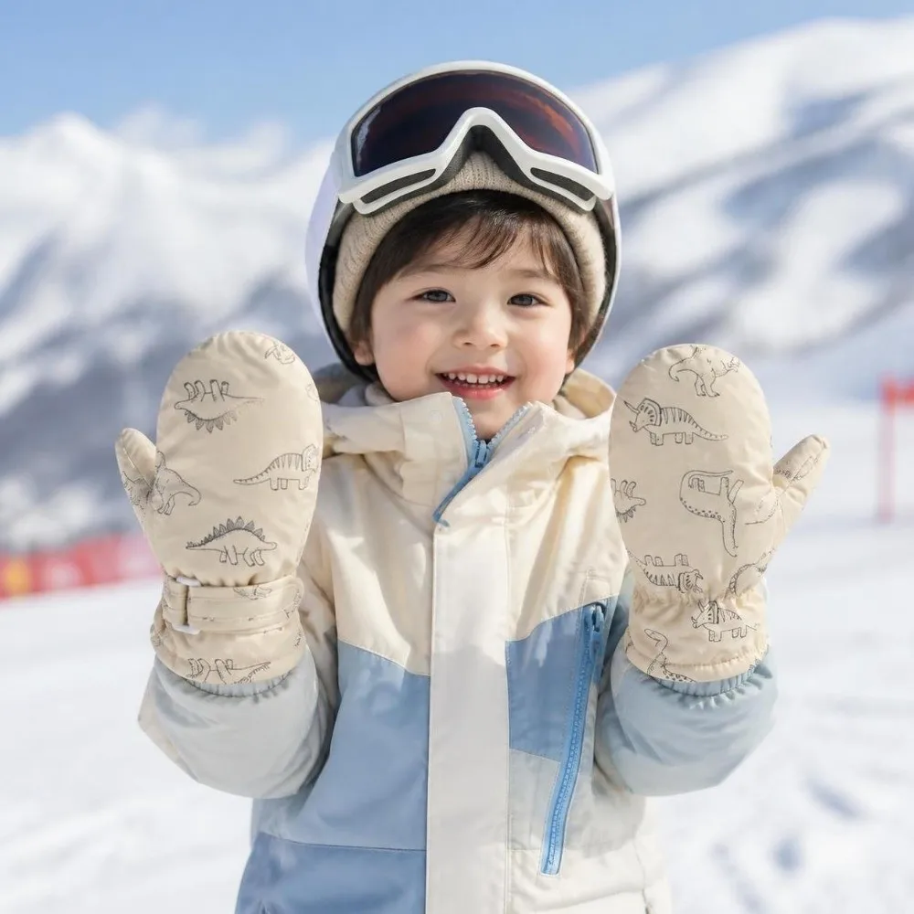 Waterproof Kids Skiing Snow Gloves Thickened Fleece Warm Cartoon Dinosaur Print Mittens Non-slip Windproof Winter Gloves Outdoor
