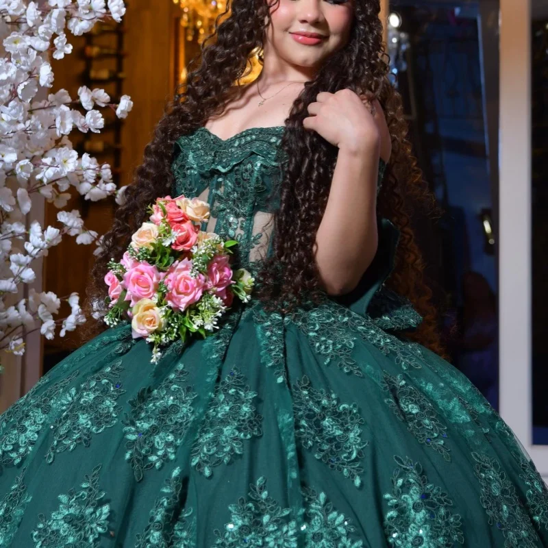 

Dark Green Quinceanera Dresses Off the Shoulder Crystal Lace Decal Long tail Bow Vestidoe 15 Quinceanera Customize