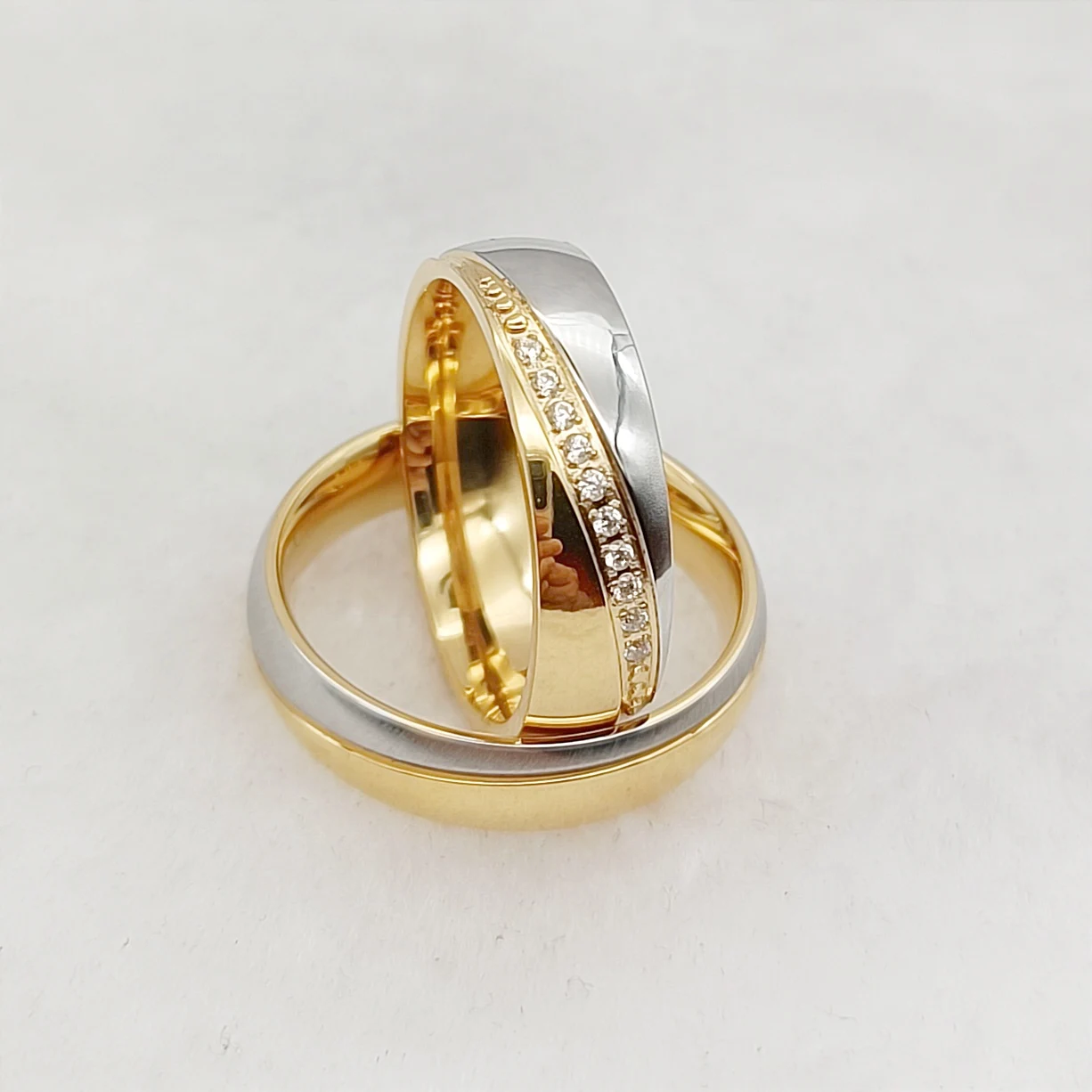 Two Tone 14k Gold Plated Wedding Rings Set for Couple Women CZ Diamonds Jewelry Marriage Promise Ringe Ladies