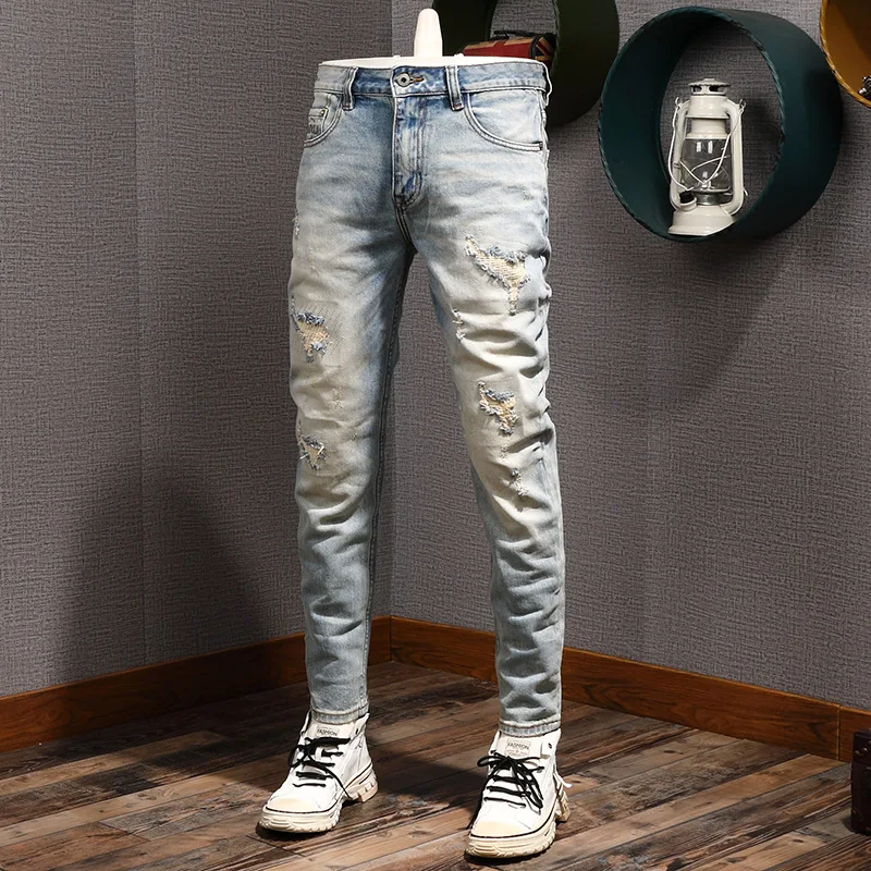 

Мужские джинсы для пирсинга в стиле ретро высокого класса для тяжелой промышленности, ностальгические потертые эластичные утягивающие брюки с маленькими штанинами желтого цвета