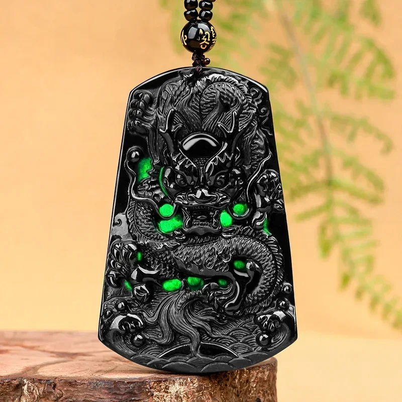 Natural A Goods Pendant Ink Jade Dragon Brand Pendant Jade Pendant Men's and Women's Jewelry High Grade Jade Necklace