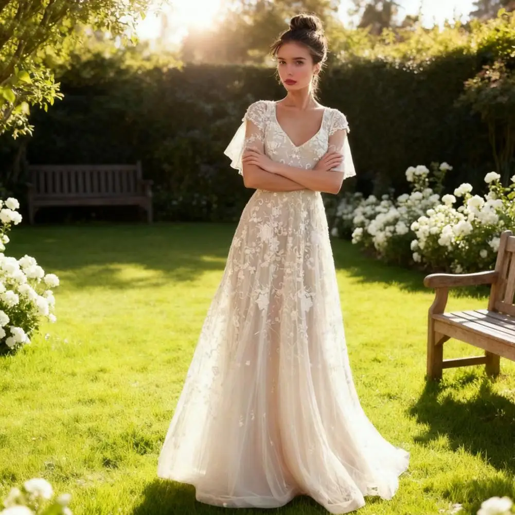 Polyester Dress Lace Backless Dress Elegant Lace Flared Sleeve Wedding Dress with V Neck Open Back Boho Beach Bridal for Bride