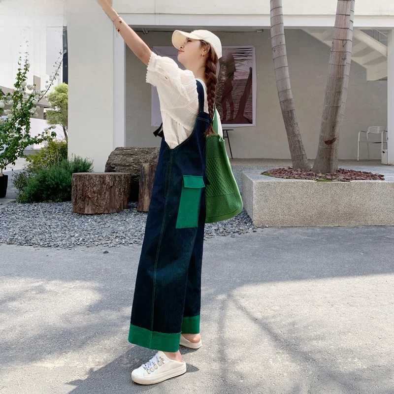 

Summer Loose Slimming Casual Denim Overalls Women's High Waist Wide Leg Pants Design Sense Color Blo Workwear Bib Overalls