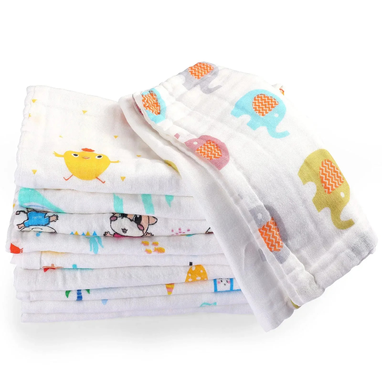 5Pcs Children 6 Layer Pure Cotton Square Towels, Washed Soft Breathable Printed Handkerchief Towel, Reusable Absorbent Face Clot