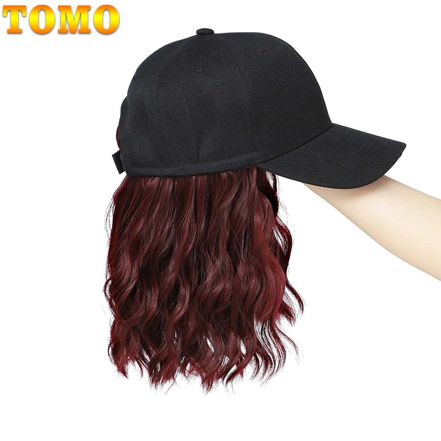 TOMO-Perruque de casquette de baseball avec cheveux bouclés pour femmes et filles, chapeau de basket-ball noir, extensions de cheveux ondulés