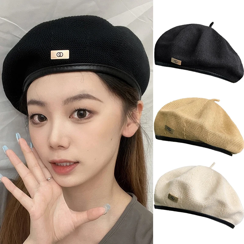 

Pu Edge Beret Cap for Women Metal Retro Berets Solid Color Knit Breathable Newsboy Hat Korean Versatile Temperament Painter Hats