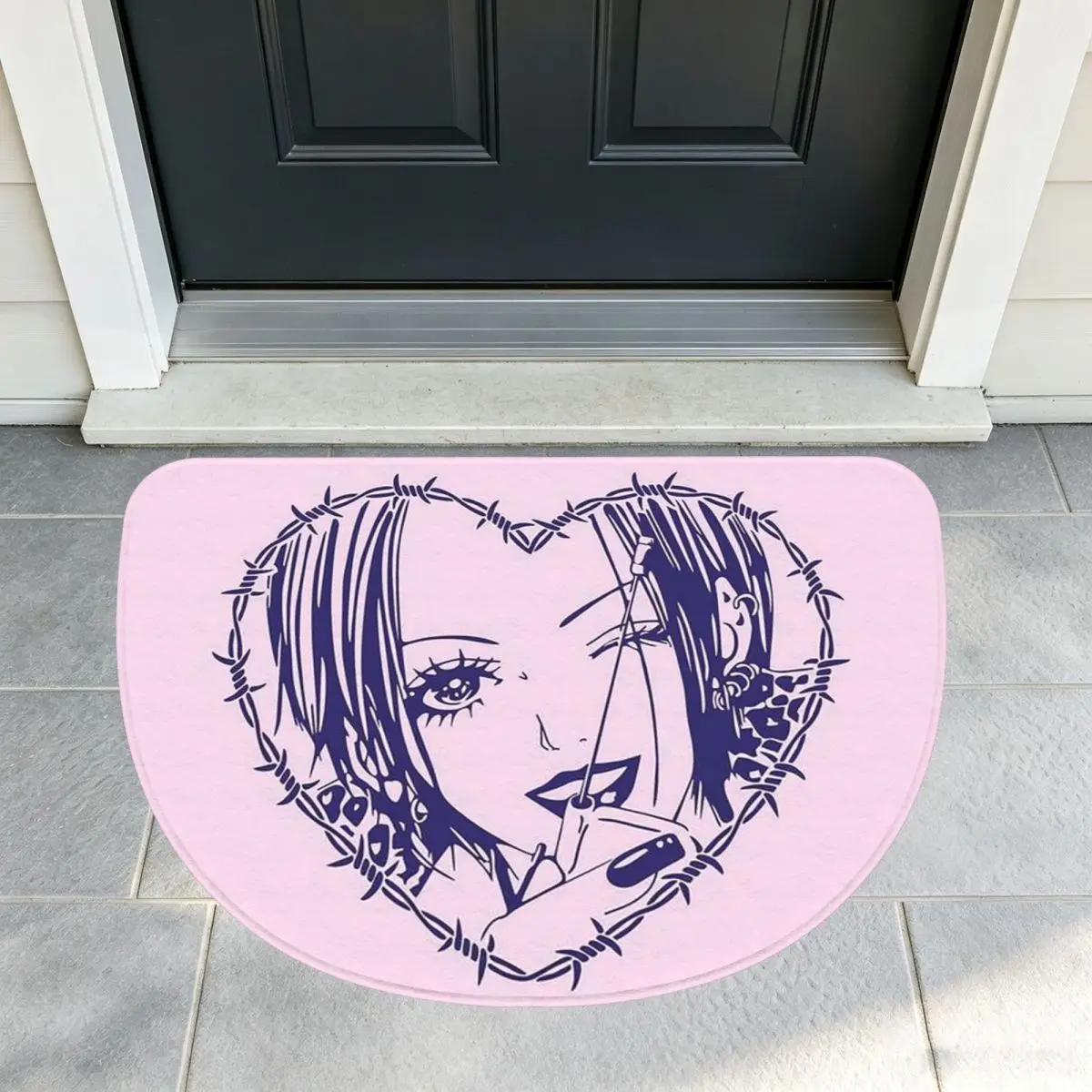 Nana Osaki Barbed Wire Heart Spread Flannel Half Round Doormat Non Slip Bathroom Mat Absorbent Floor Carpet for Laundry Room