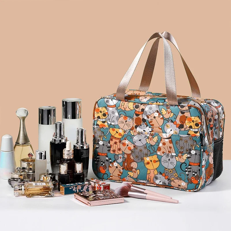 Bolsa de cosméticos portátil para Mujer, Neceser de viaje para maquillaje, Neceser de aseo, caja de almacenamiento de doble capa impermeable, organizador para Mujer, novedad