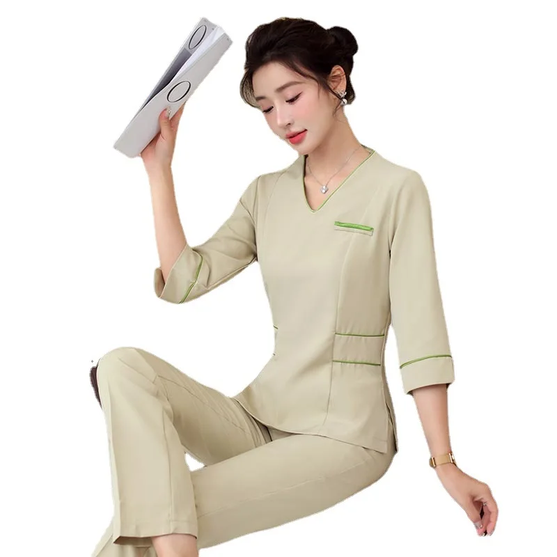 2024 High Quality Uniformes Overalls Women\'s Khaki Top+Pants 2 Piece Set Hotel Staffs Work Wear Beauty Salon SPA Uniform S-4XL