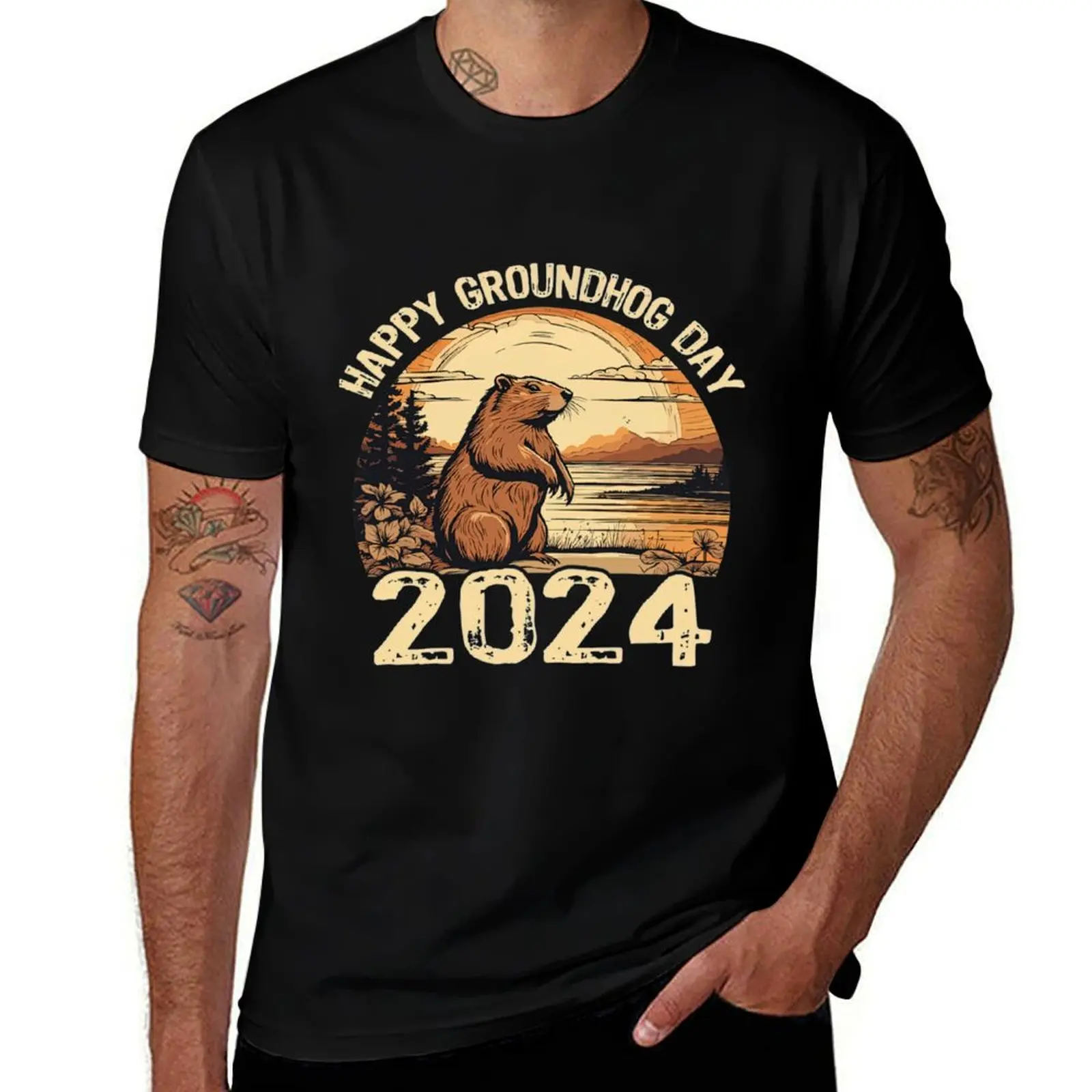 Retro Happy Groundhog Day 2024 Vintage Ground Hog Holiday T-Shirt Simple Line Art Print Tee