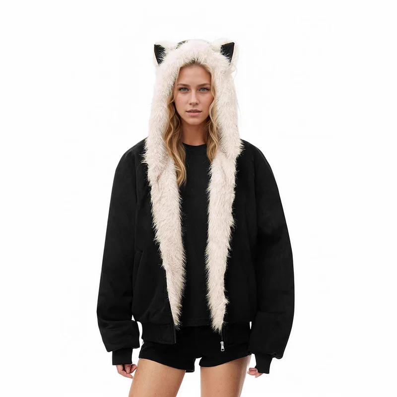 New Vintage Cute Cats Ears Hair Coat Women Winter Jackets Hoodies Cotton Jacket Warm Couples Thickened Women Clothing