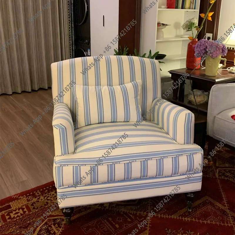 American retro French single sofa blue and white striped living room home balcony study bedroom photography single chair