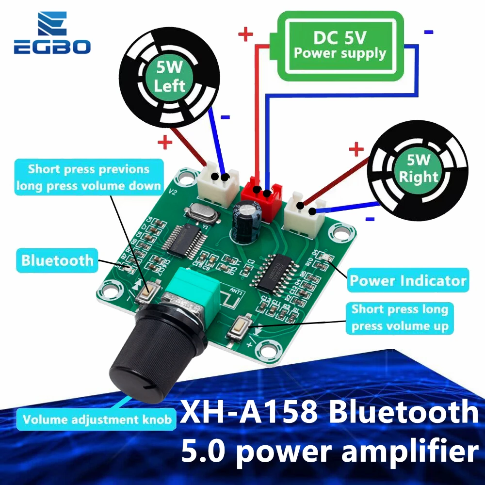 XH-A158 ultra clear Bluetooth 5.0 power amplifier board pam8403 small power DIY wireless speaker amplifier board 5W*2