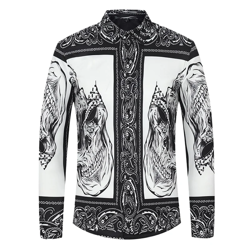 

Men Formal Shirt Luxury Baroque Camisas Hombre Elegantes Skull Print Long Sleeve Slim Button Down Shirt Men Steampunk Streetwear
