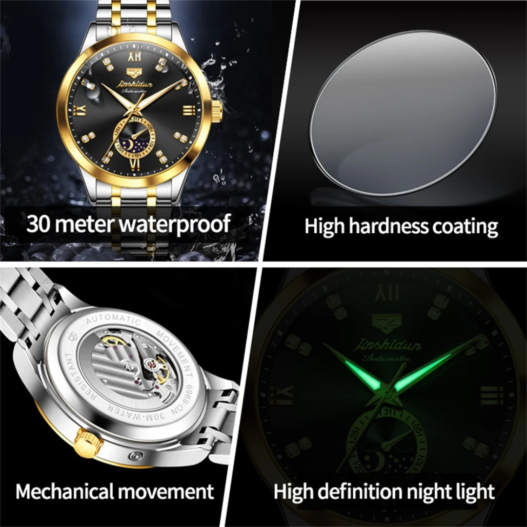 JSDUN-ساعة يد ميكانيكية بقرص دائري ، سوار ساعة مضيء ، فولاذ مقاوم للصدأ ، هدية عصرية ،