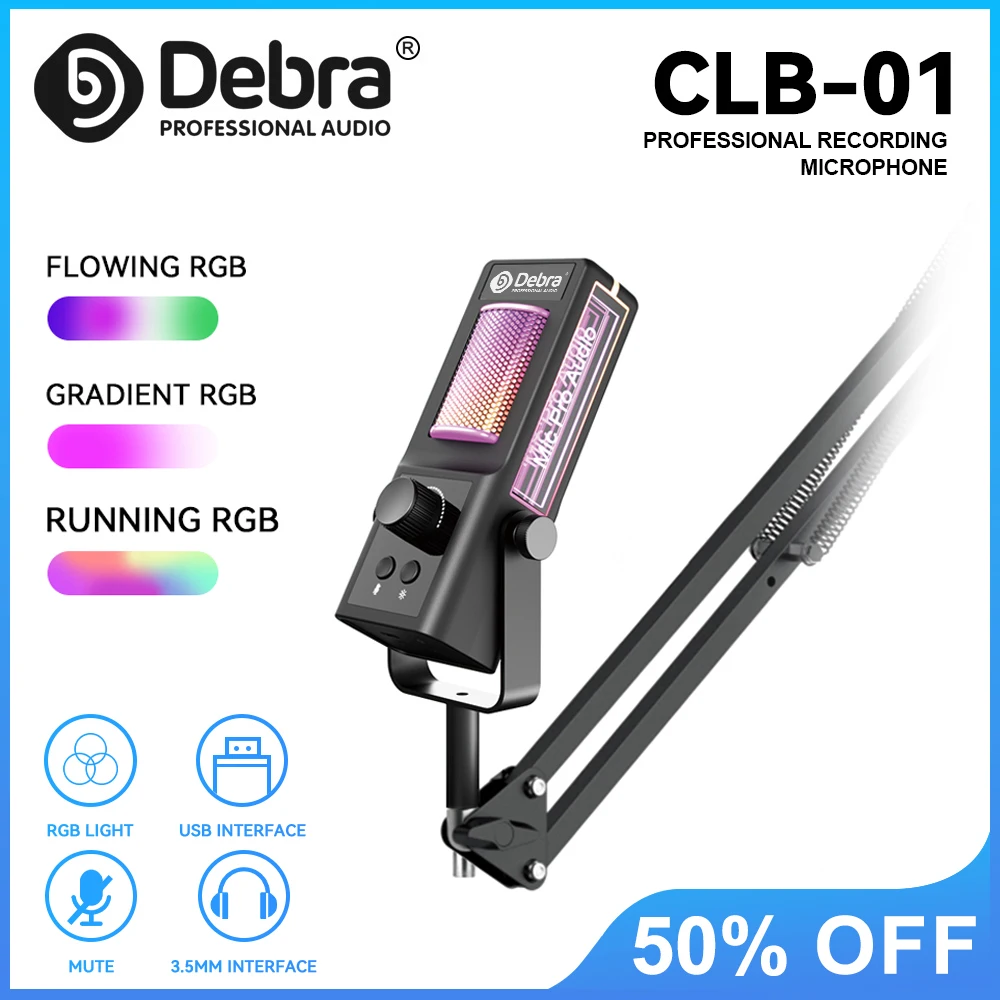 

Debra CLB-01 Студийный микрофон-стример, профессиональный 24-битный, безодневное зеркало RGB-подсветка для игр и потоковой передачи