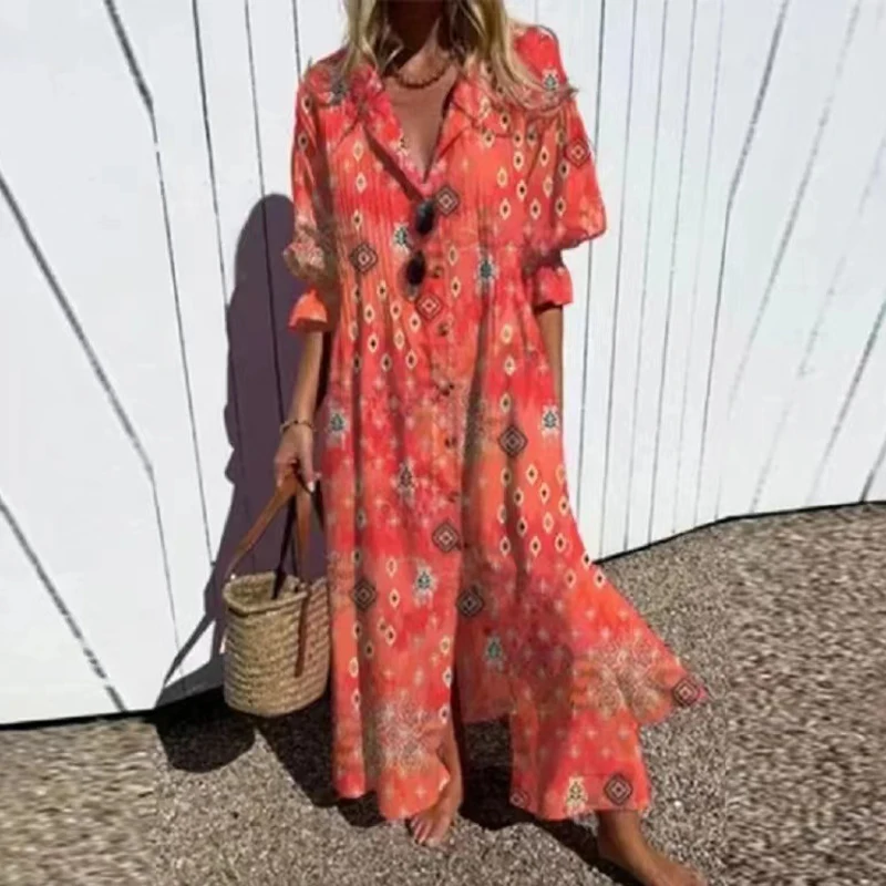 Women\'s Retro Geometry Circle Print Long Dress, Spring Single Breasted Lapel Shirt Dress, Summer Puff Short Sleeve, A-Line Boho