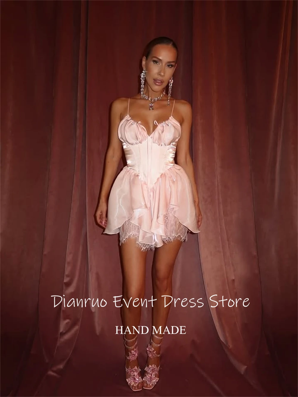 Dianruo الوردي ألف خط فساتين عيد ميلاد السباغيتي الأشرطة فساتين حفلات صغيرة الساتان تكدرت البسيطة جرلي 15 فساتين Quinceanera مخصصة #2