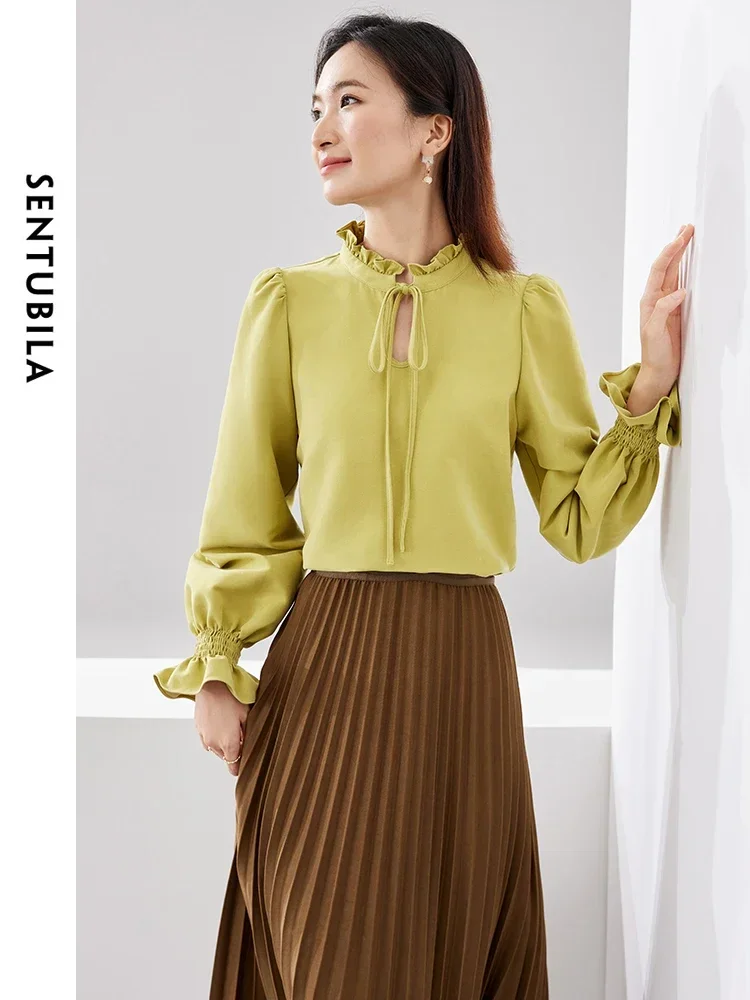 SENTUBILA Women's Elegant Blouses Tied Ruffled Collar 2025 Spring Commute Smocked Long Sleeve Top Casual Shirt Female 141C52685