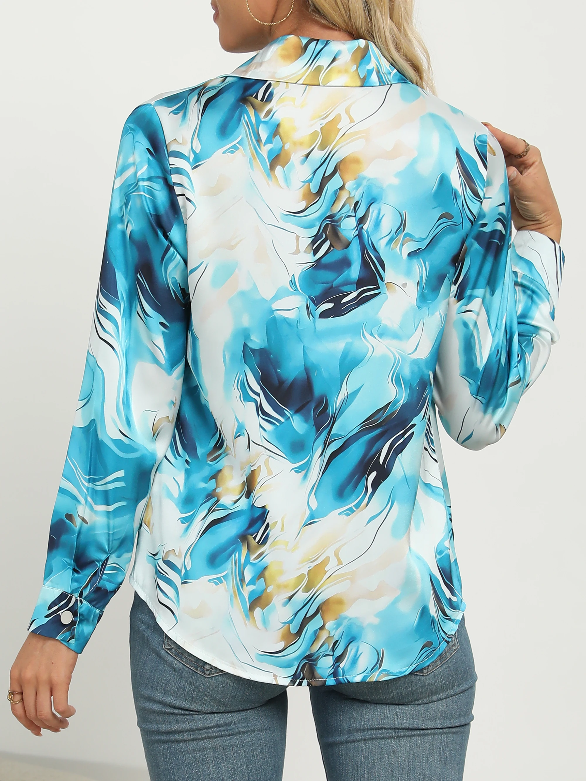 Women\'s Elegant Marble Print Long Sleeve Work Shirt  Spring & Summer Long Sleeve Tops