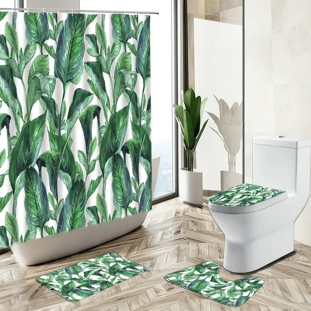 Tropical Banana Leaf Shower Curtains ​Palm Foliage Plant Flower Summer Jungle Theme Non-Slip Carpet Toilet Cover Bath Mat Sets