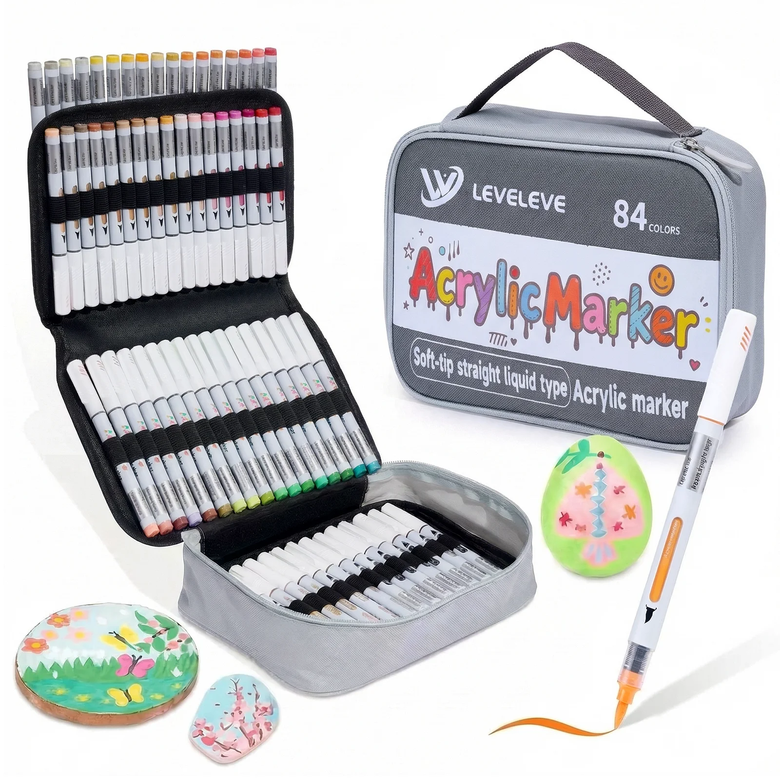 LEVELEVE Acrylic Paint Pens Markers with Brush Tip, 12/36/60/84 Colors Paint Pens for Rock Painting, Stone, Paper, Egg, Pumpkin, Wood, Fabric, Canvas, Ceramic, Glass