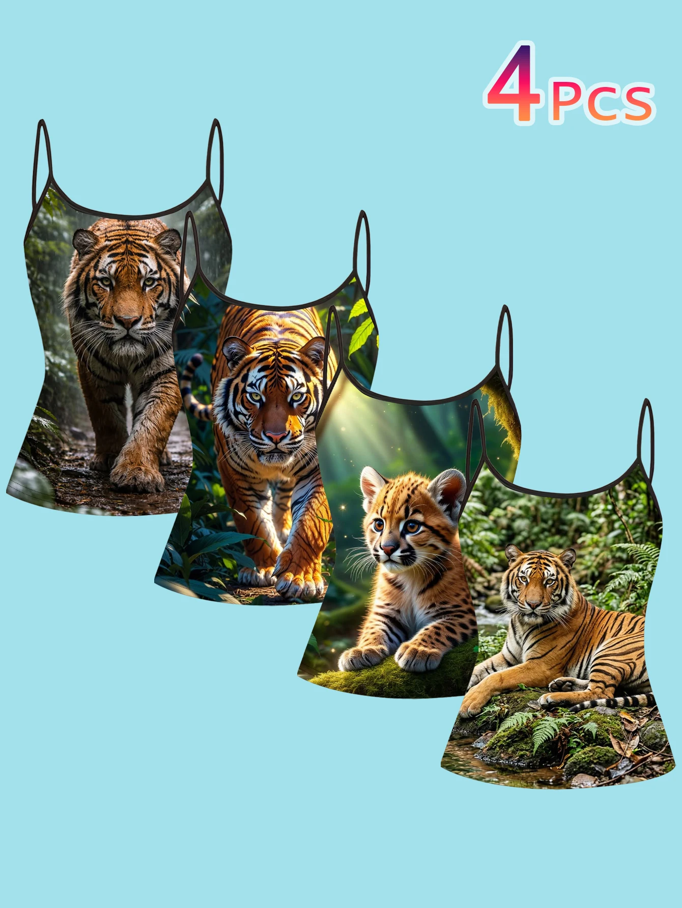 4-Piece Set of Women's Jungle Tiger Realistic Print Spaghetti Strap Camisole Slim Fit Inner Layering Tops
