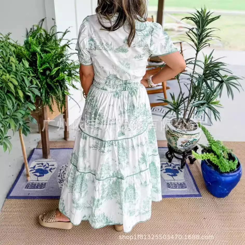 Abito lungo da donna estivo nuovo stile alla moda ed elegante stampa floreale girocollo comodo abito rinfrescante a maniche corte