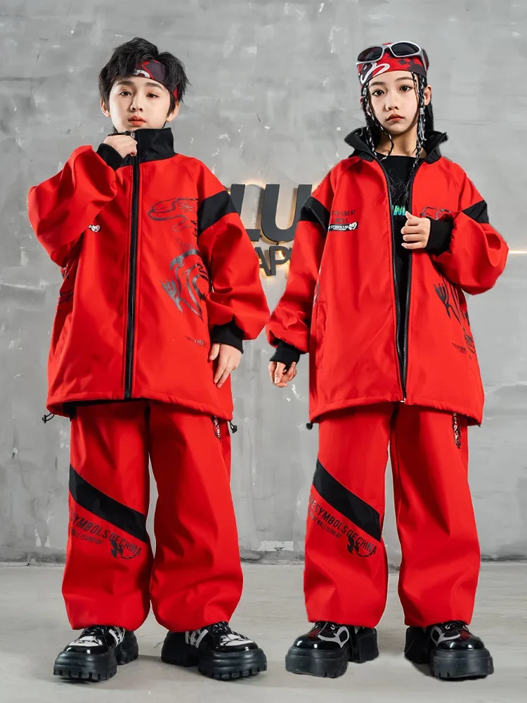 Performance Stage Wear Girls Hip Hop Clothes 2024 Chinese Style Red Loose Jacket Hiphop Pants Suit For Kids Jazz Dance