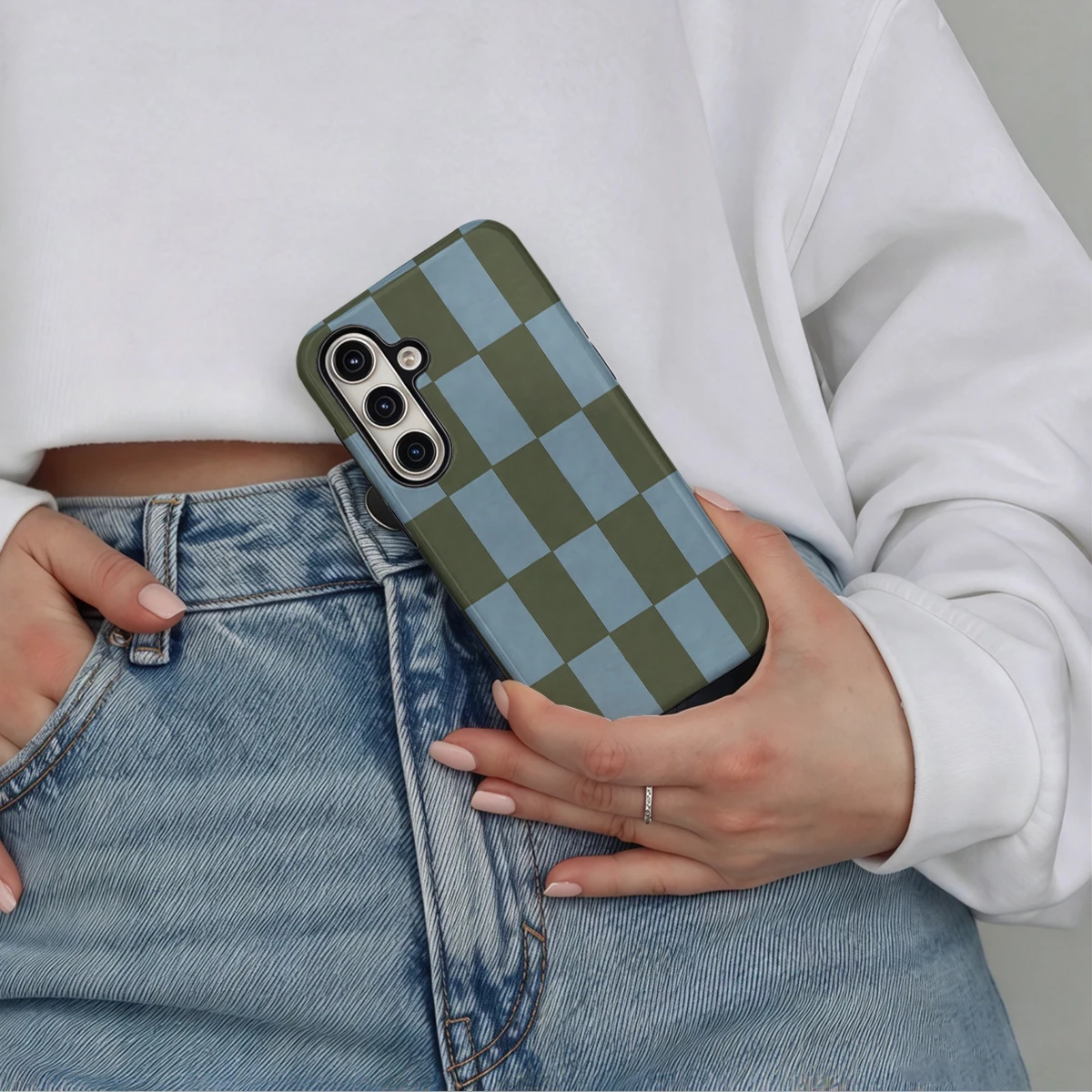 Olive Blue Checkerboard Phone Case For Samsung Galaxy S26 S25 Ultra S24 S23 Plus Hard Shock‑Absorption 2-in-1Protective Cover