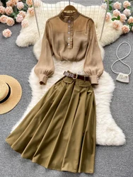 FTLZZ Autumn Winter Women Two Piece Sets Stand Collar Puff Sleeve Ruffled Tops and Empire Slim Skirt with Belt Office Lady Suits