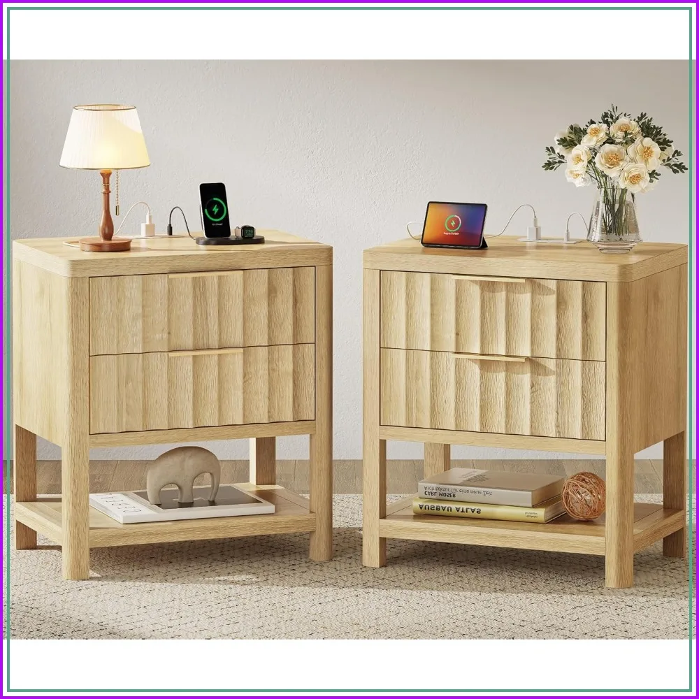 27.6 Inch Tall Night Stands with Charger Station, USB-C Port, Fluted Nightstand Set of 2, Larger Wider Bed Side Table with 2 Deep Drawers, Open Shelf, Bedroom Living Room End Table, Natural