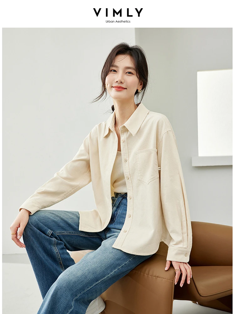 Vimly Cotton 100% Apricot Shirts & Blouses 2024 Spring Long Sleeve Shirt French Style Elegant Womens Top Casual Lapel Coat M5501