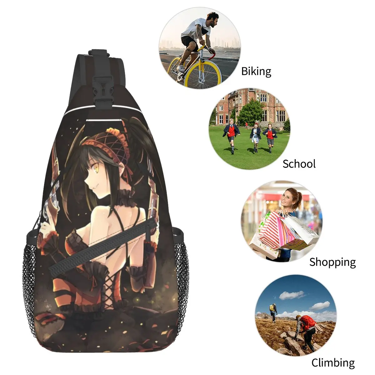 Tokisaki Kurumi Date A Live Crossbody Sling Bags Printed Chest Bag manga anime Shoulder Backpack Daypack Hiking Outdoor Cycling