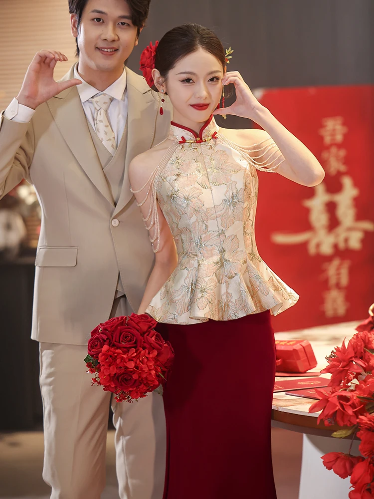 

Chinese Sle Engagement Dr Red Wedding Gown Tailored Evening Gown for Women Vintage mid Waist Fi Tail