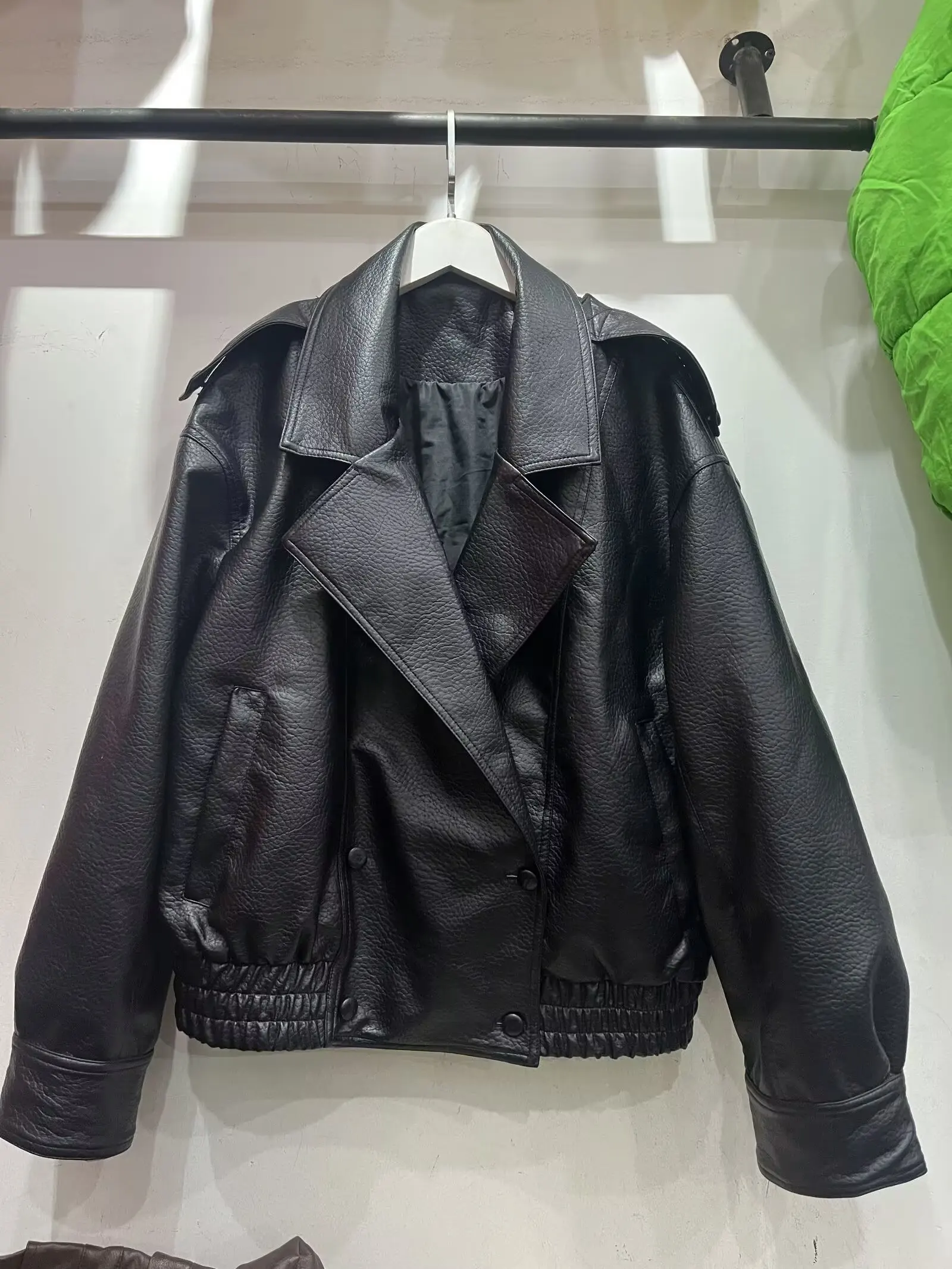 Casual Fashion Motorcycle Style Loose Fit Leather Jacket Women's Outerwear Large Collar Long Sleeve Windproof Ladies Coat
