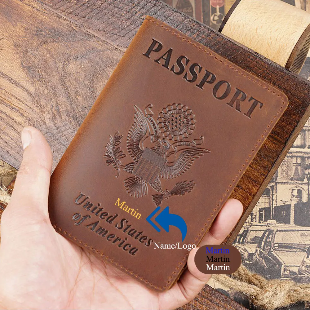 Personalize Engraving Genuine Leather Passport Cover Holder For US Credit Card Holder Passport Case Travel Wallet Bag