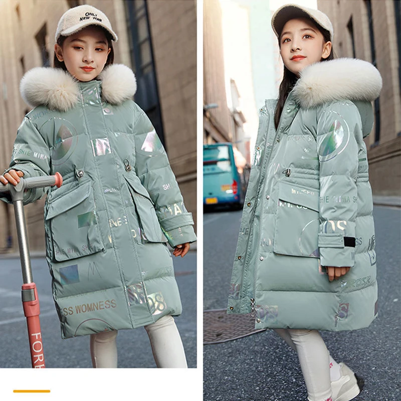 5 to14 Years Girls Down Jacket Winter Keep Warm Long Style Parka Hooded Zipper Fur Collar Girls Outerwear Christmas Kids Clothes