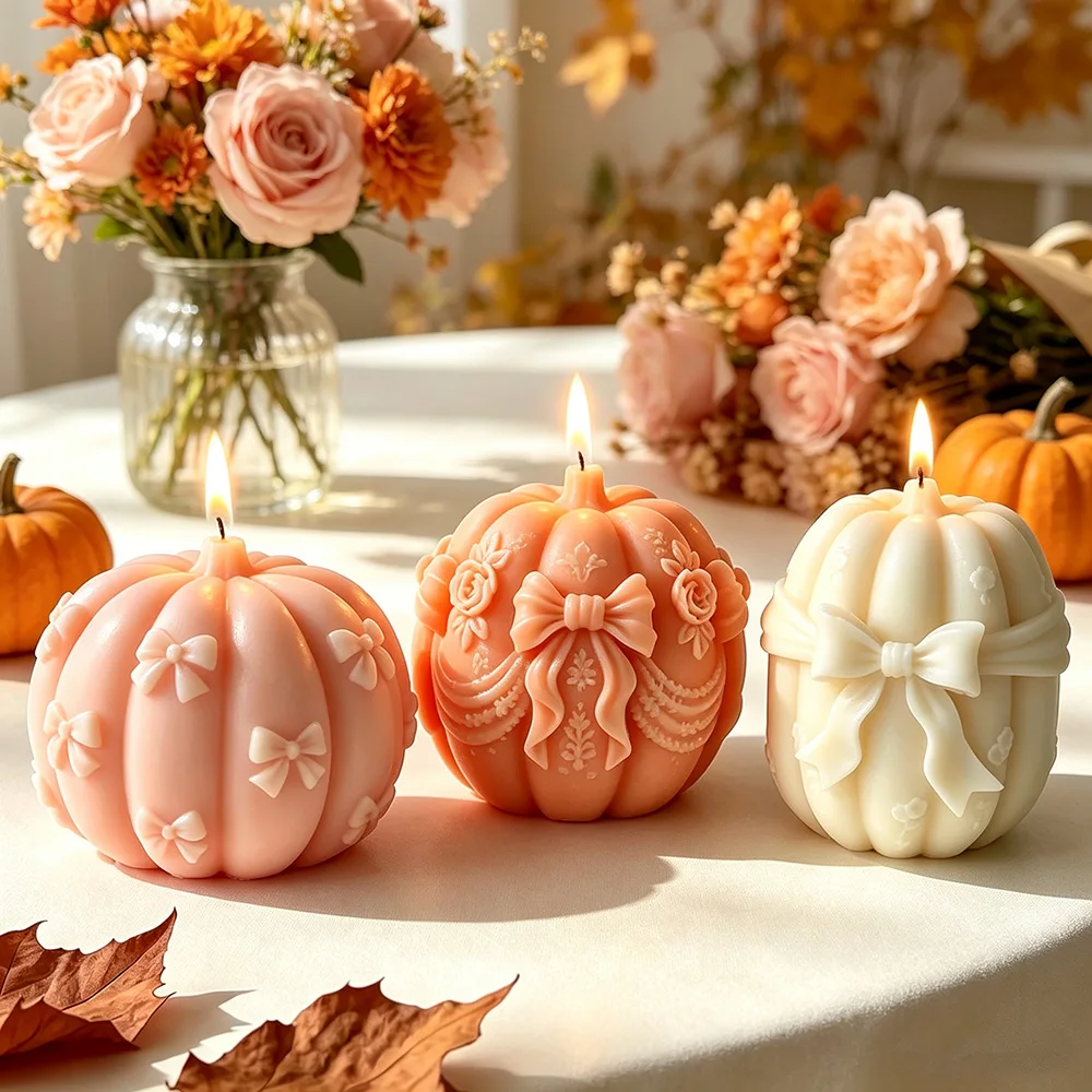 3D Bow Pumpkin Silicone Mold Pumpkin Scented Candle Plaster Chocolate Candy Mold Home Decoration