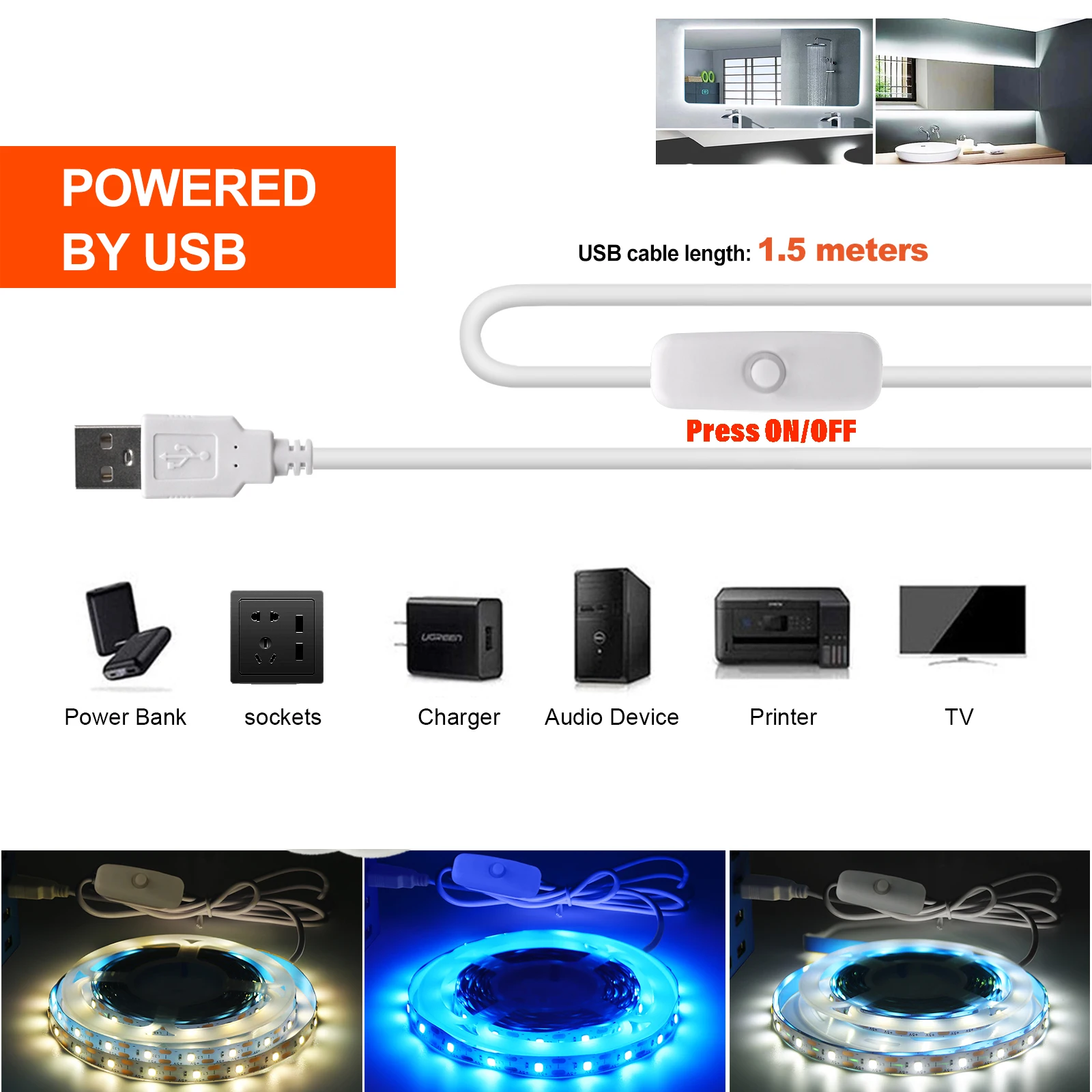 Lampu Strip LED USB DC 5V 2835, lampu kabinet langit-langit pita Led putih dingin hangat redup/ON OFF