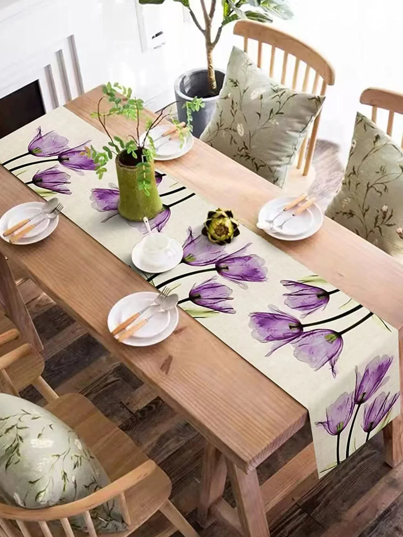 1pc Tulip Linen Table Runner ,Kitchen Dining Table Decoration for Indoor Outdoor Home.Festival Gifts,minimalist Style.