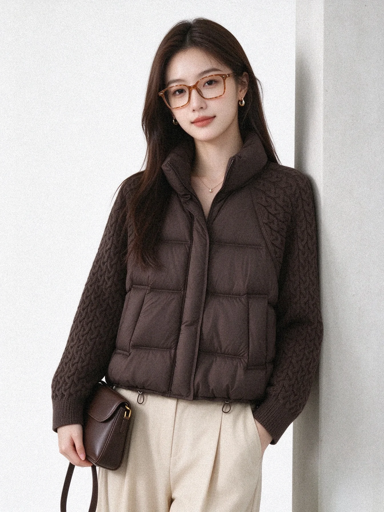 Lightweight Short Padded Jacket Women's Stand Collar Patchwork Sleeve Knitted Warm Outerwear Winter New Arrival Casual Style
